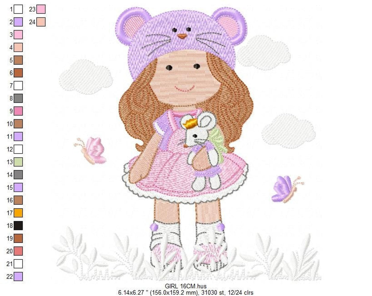 Girl winter hat embroidery design, 4 inch, 5 inch hoop, machine digital file