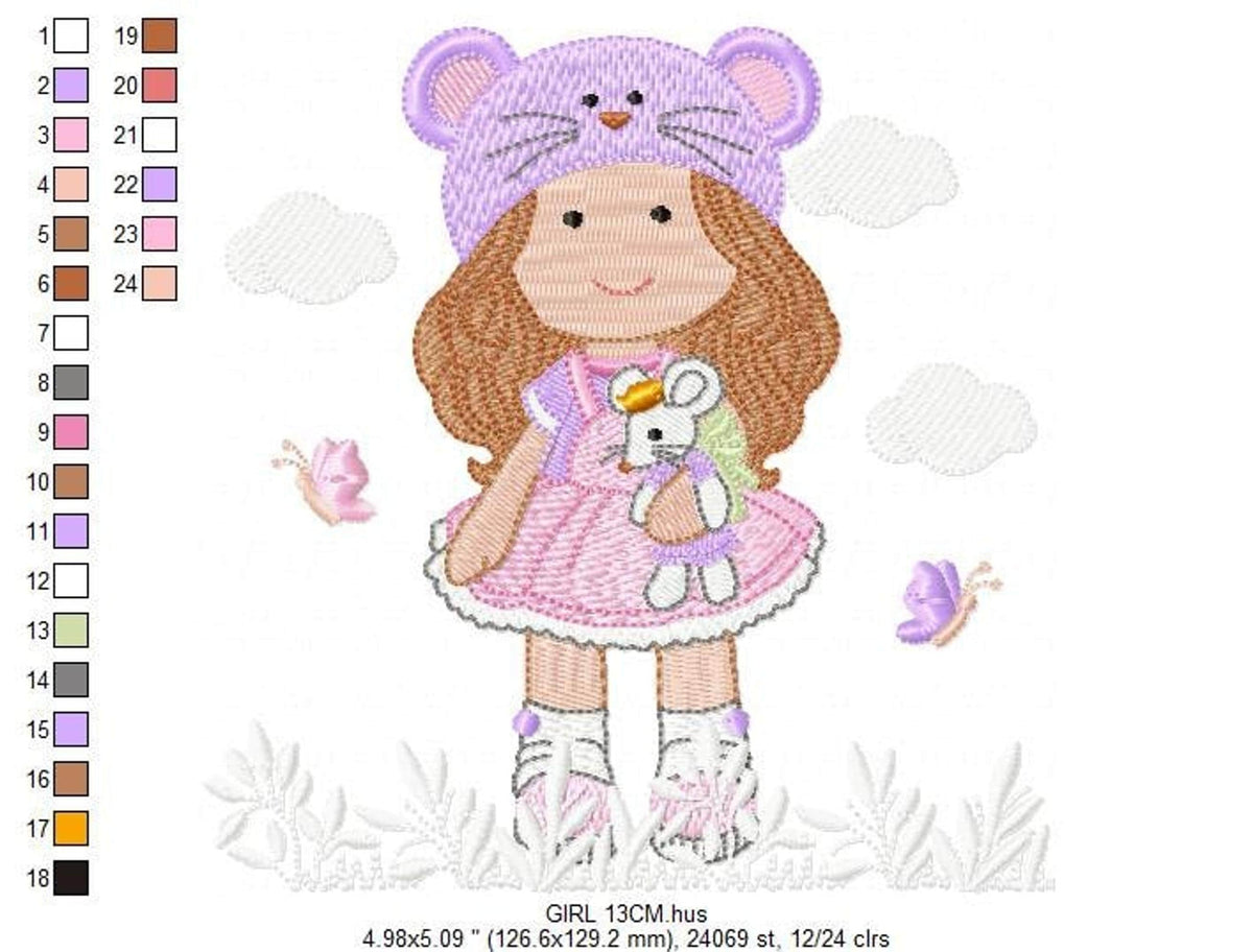 Girl winter hat embroidery design, 4 inch, 5 inch hoop, machine digital file