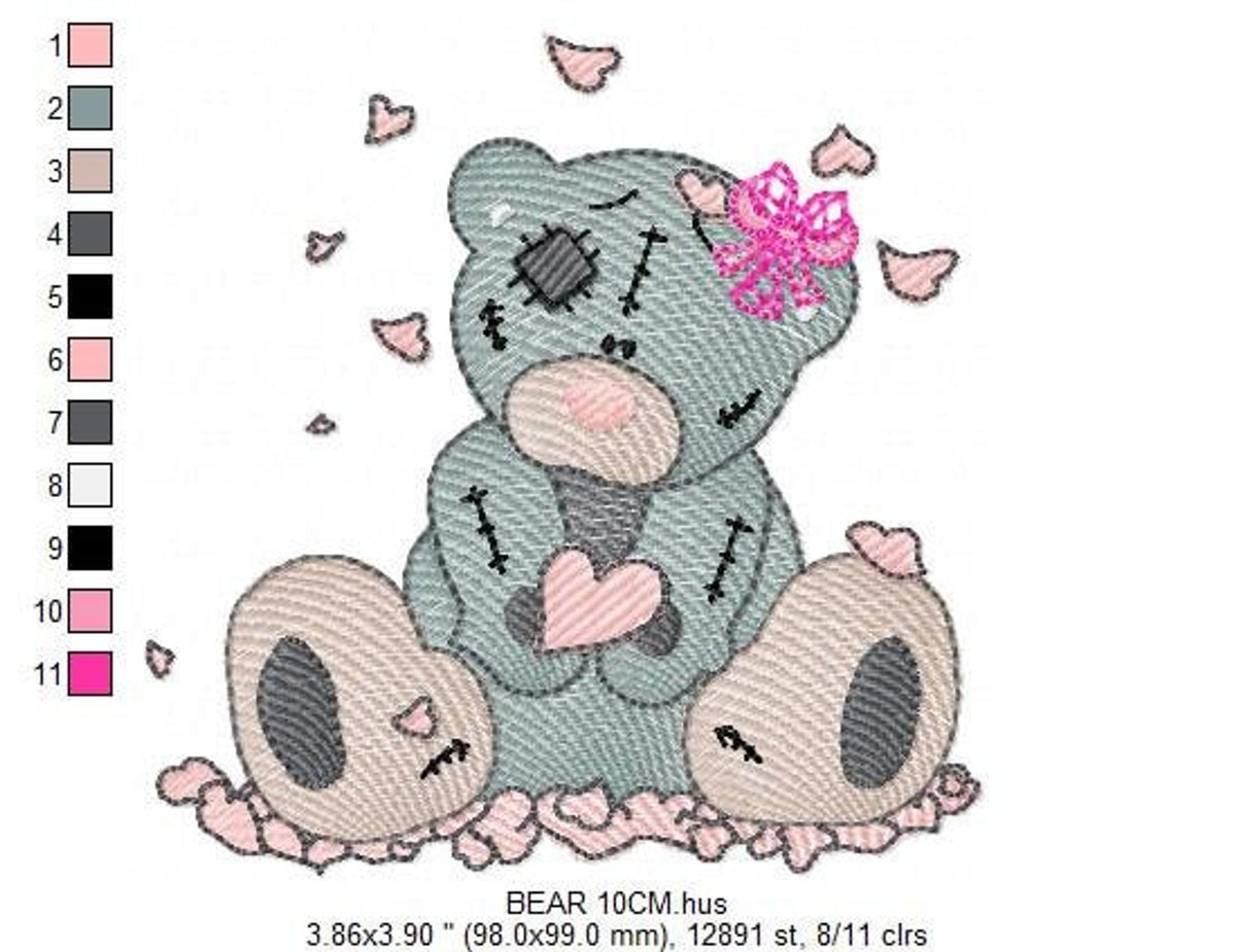 Teddy shown with color palette swatches and size labels, stitch count bar visible, teddy bear machine embroidery design