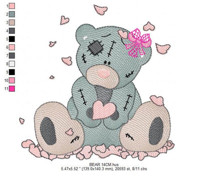 Large rippled stitching details visible, beige paws, pink bow and petals, teddy bear applique design for fabric projects