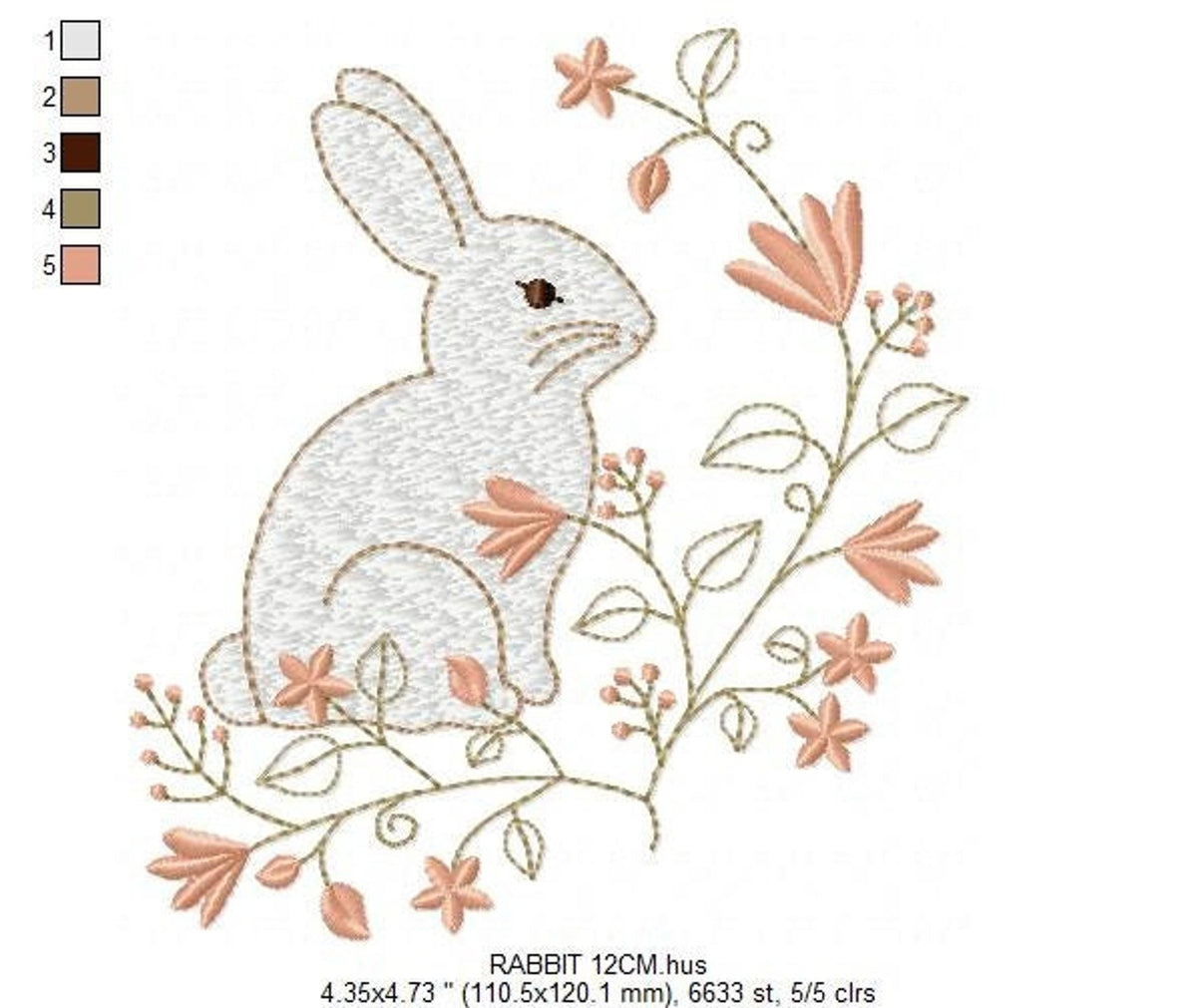 Medium mockup with color palette and measurements, whimsical floral bunny with soft greens, floral bunny embroidery pattern for machine embroidery