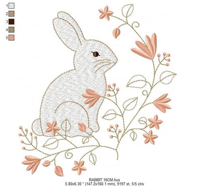 Hoop-size preview with detailed stitching and trailing leaves, baby bunny embroidery design ideal for nursery projects and machine embroidery