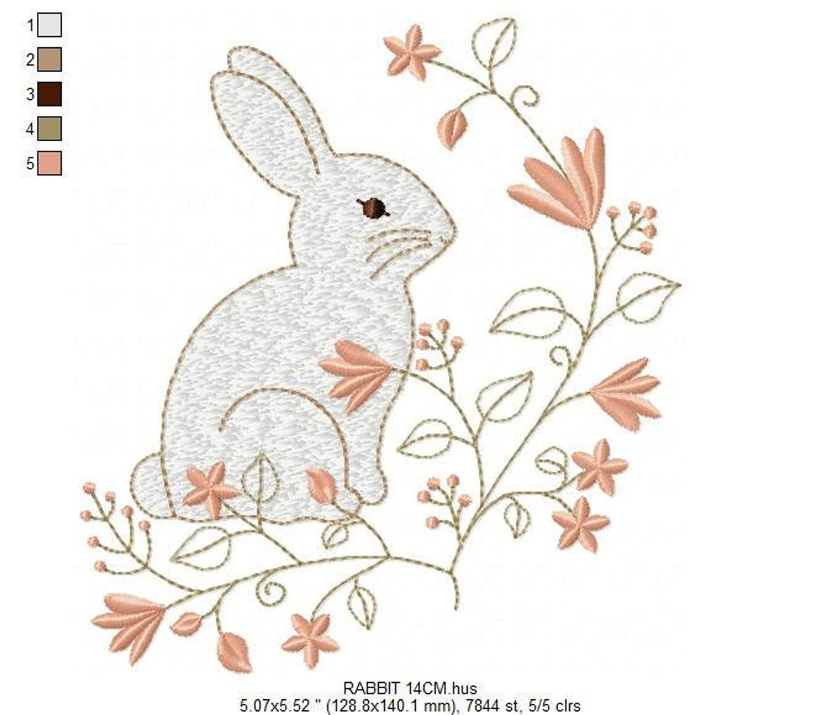 Alternate hoop view highlighting clustered peach flowers around the bunny, cute bunny machine embroidery pattern, digital download embroidery file