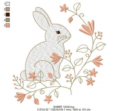 Alternate hoop view highlighting clustered peach flowers around the bunny, cute bunny machine embroidery pattern, digital download embroidery file