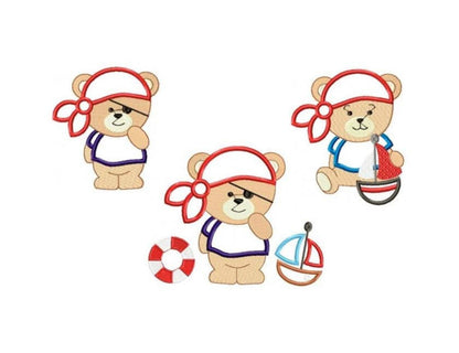 Three small pirate bear embroidery design sizes grouped, teddy with sailboat and lifebuoy