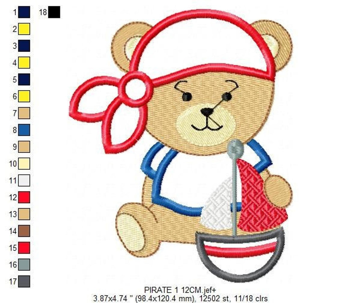 Medium pirate bear embroidery design mockup with color chart, sitting teddy in sailor outfit holding sailboat