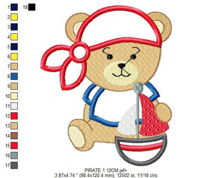 Medium pirate bear embroidery design mockup with color chart, sitting teddy in sailor outfit holding sailboat
