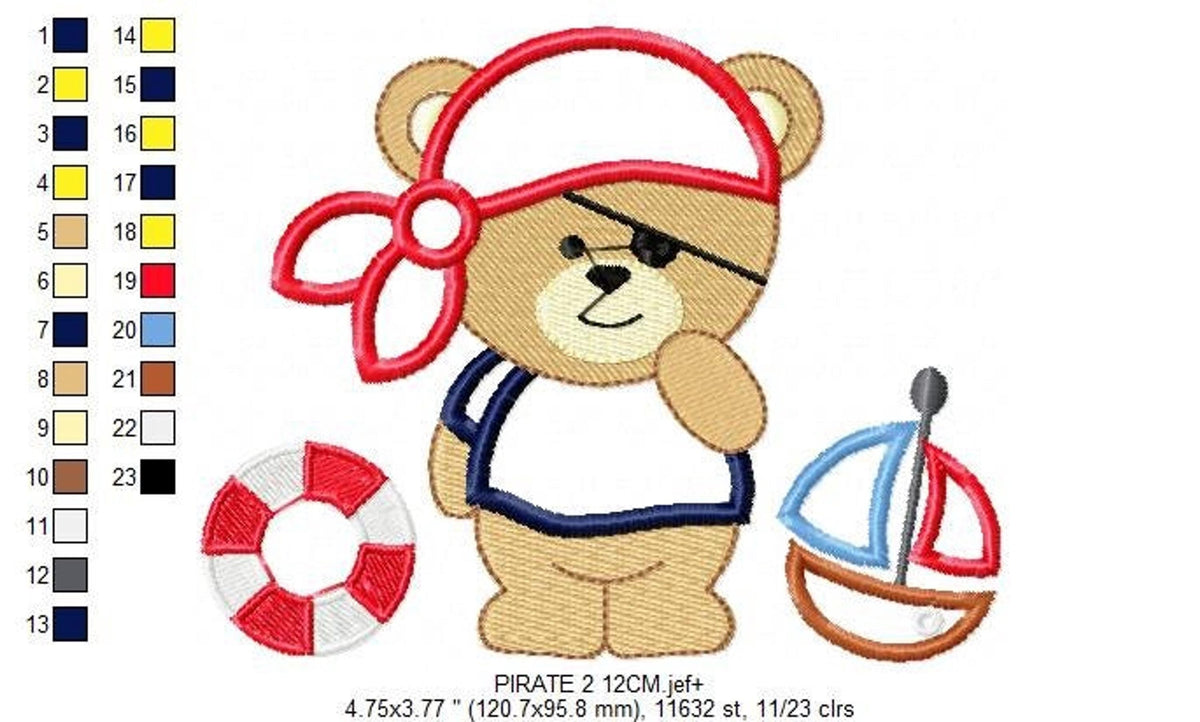 Standing pirate bear embroidery design with lifebuoy and sailboat icons, color chart, applique option