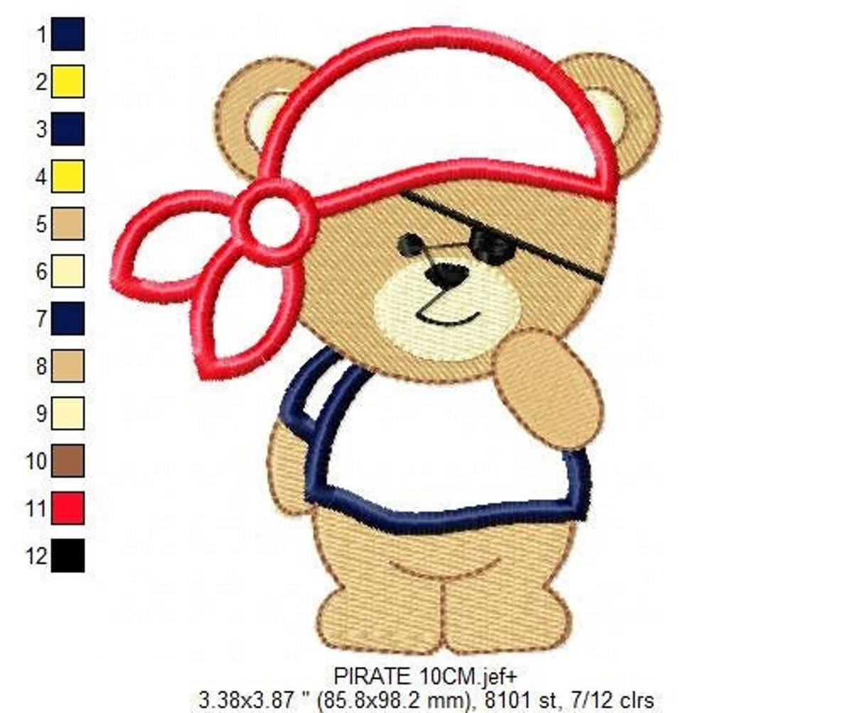 Close front pirate bear embroidery design, red bandana prominent, sailor tee, color guide beside