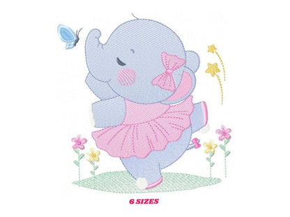 Full view, pastel ballerina elephant embroidery design, light purple baby elephant in pink tutu with bird and flowers