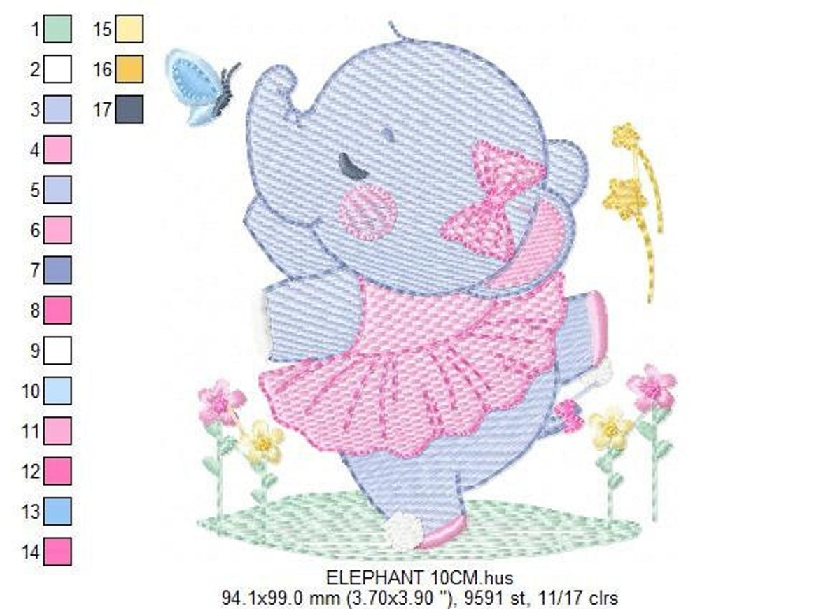 Design preview with side thread color chart and dimensions, nursery elephant embroidery file showing hoop size info