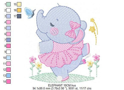 Design preview with side thread color chart and dimensions, nursery elephant embroidery file showing hoop size info