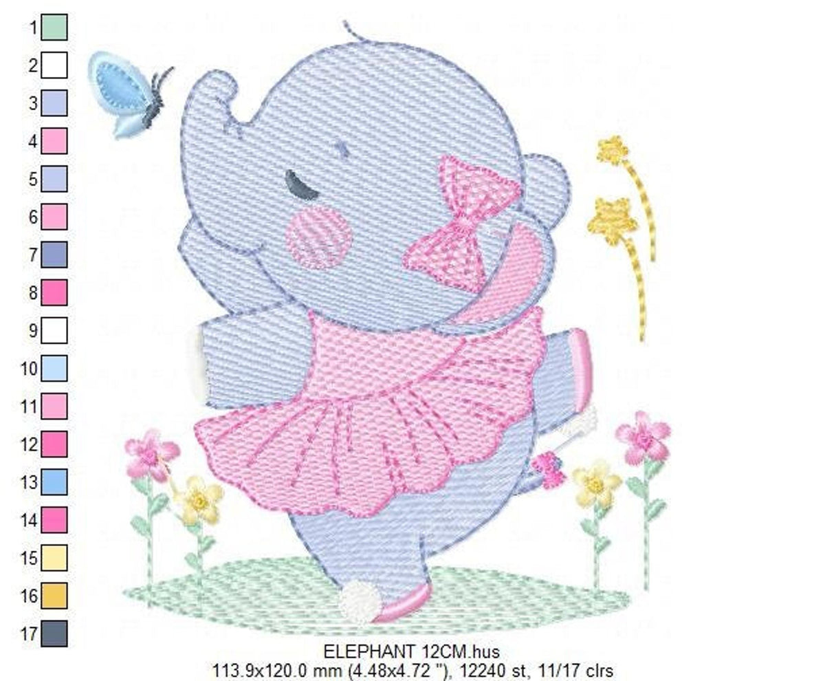 Medium hoop mockup, elephant ballet embroidery pattern in delicate pastel rippled stitches, grass and flower base