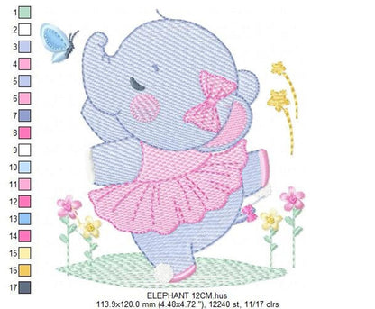 Medium hoop mockup, elephant ballet embroidery pattern in delicate pastel rippled stitches, grass and flower base