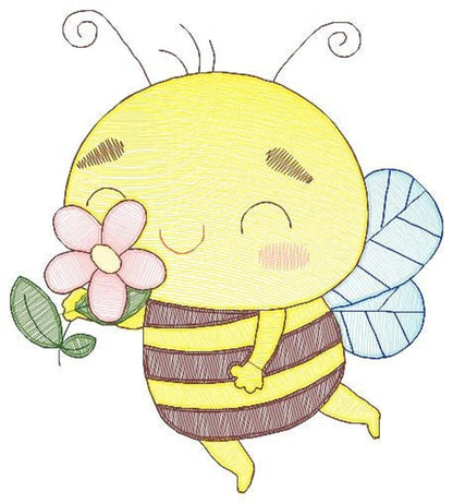 Cute Bee Embroidery Design, rippled pattern, 5 sizes digital file