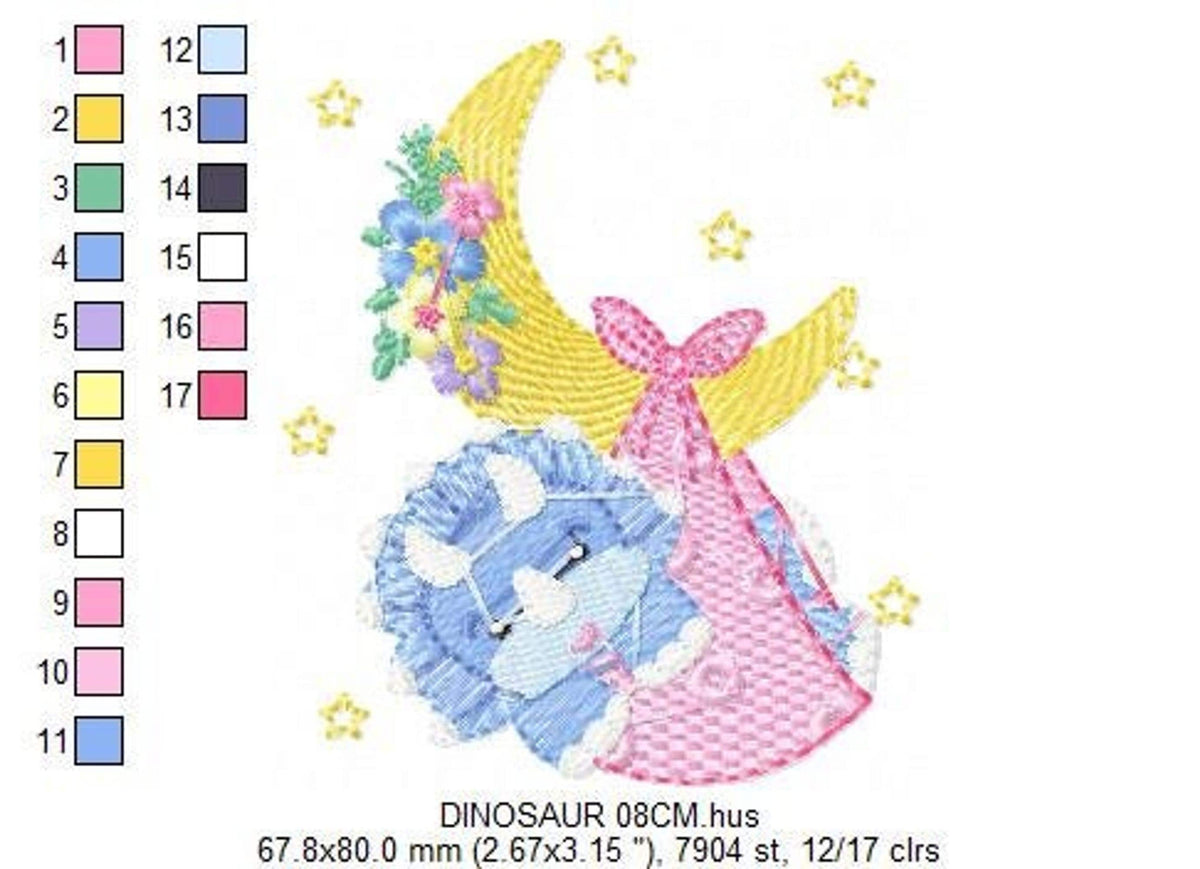 Stitch chart and color bar for baby dinosaur machine embroidery, thread numbers and size legend beside the moon motif