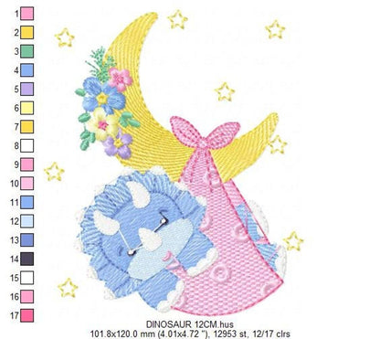 Size preview with measurements, triceratops embroidery design showing stitch counts, pastel moon, flowers and stars palette