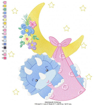 Large stitch preview for baby dinosaur machine embroidery, moon and stars motif with textured blue triceratops and flowers