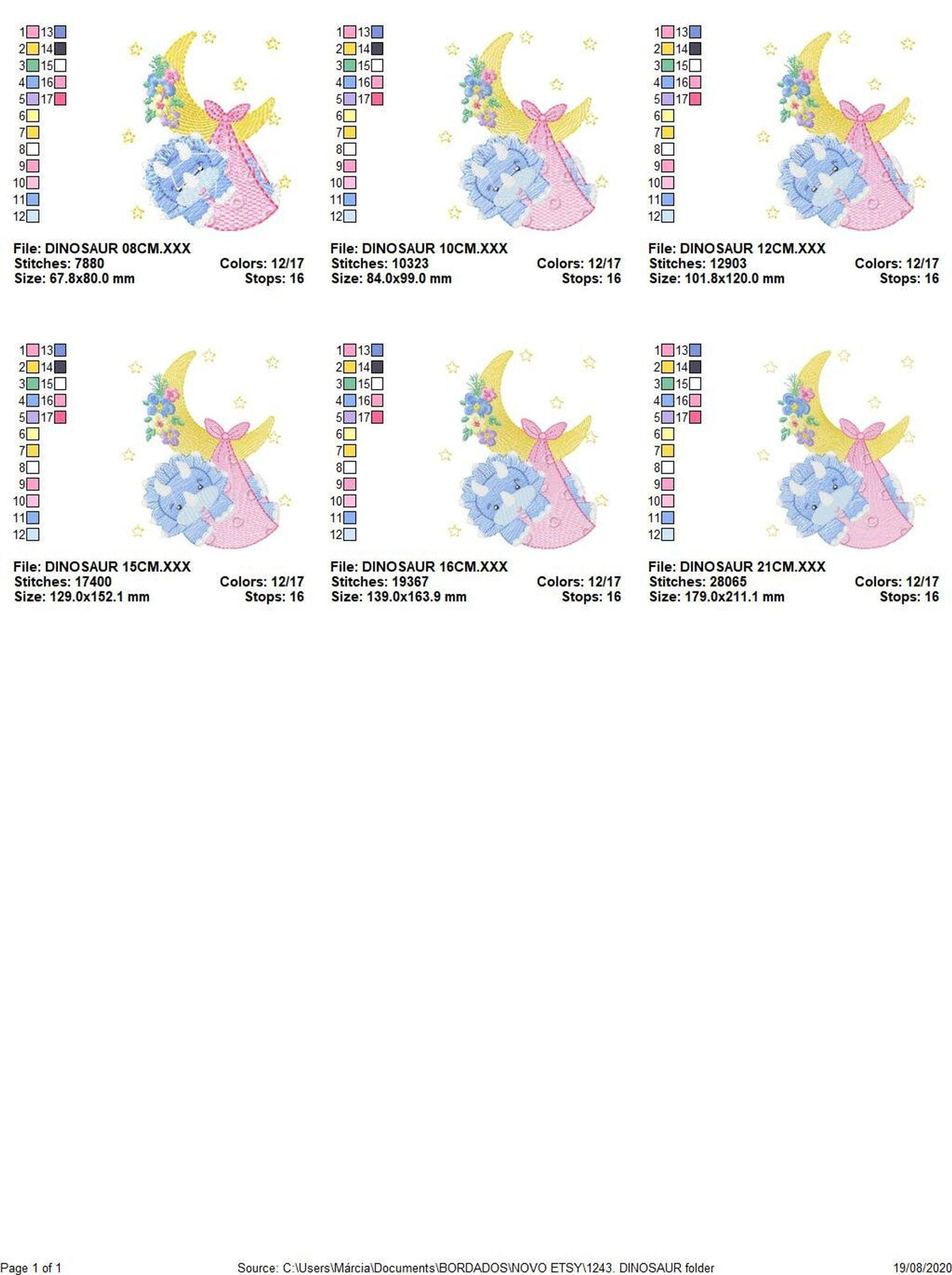 Grid of all six size previews for baby dinosaur embroidery design, small thumbnails with size labels and format icons