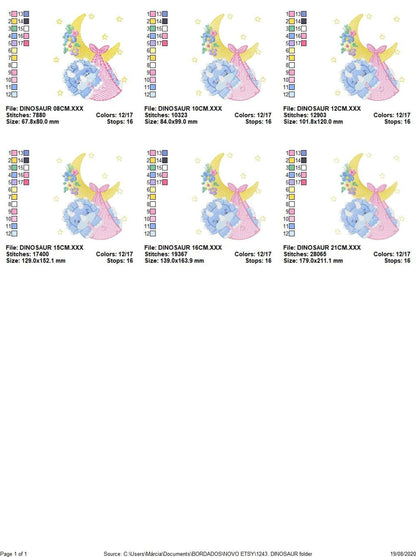 Grid of all six size previews for baby dinosaur embroidery design, small thumbnails with size labels and format icons