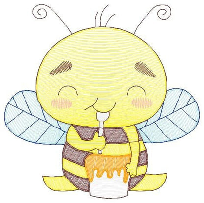 Close-up of bee holding honey pot embroidery, round yellow head, rippled blue wings, visible stitch detail