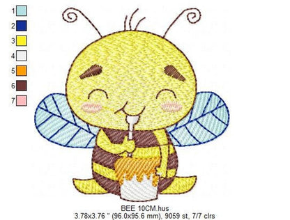 Kawaii bee embroidery pattern with thread color chart at left, size and stitch notes visible