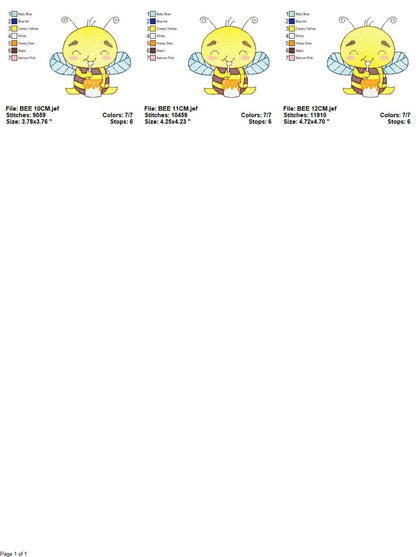 Three-size preview lineup for the honey bee cartoon embroidery design, small to large with notes