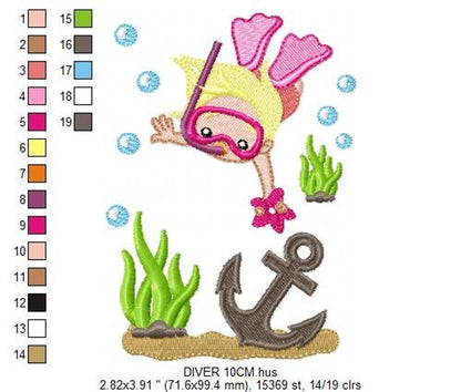 Girl scuba diver embroidery design with vertical color chart, thread numbers and anchor detail