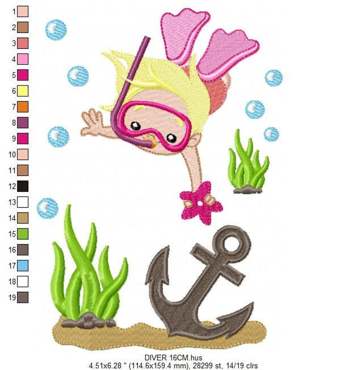 Tall composition of girl scuba diver embroidery design, prominent seaweed, gray anchor, thread palette