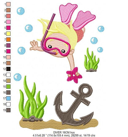 Tall composition of girl scuba diver embroidery design, prominent seaweed, gray anchor, thread palette