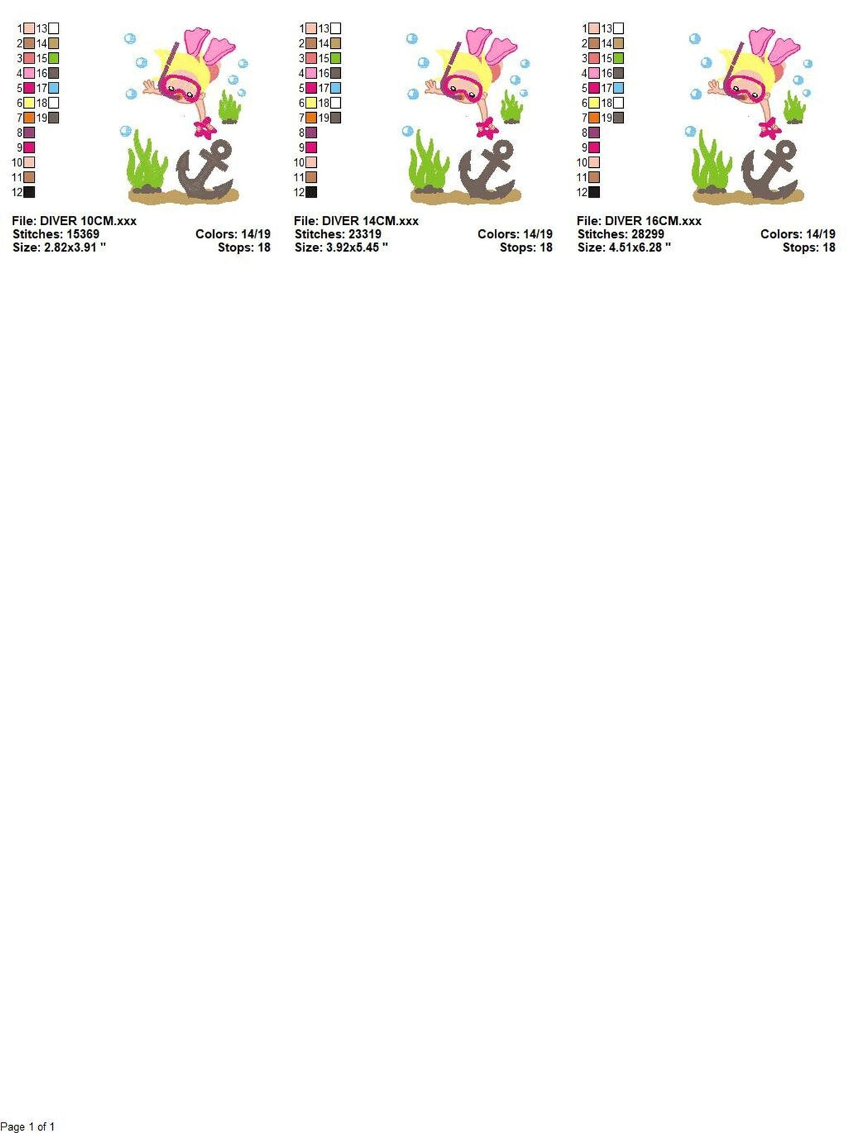 Row of scaled previews for girl scuba diver embroidery design, multiple sizes and format thumbnails
