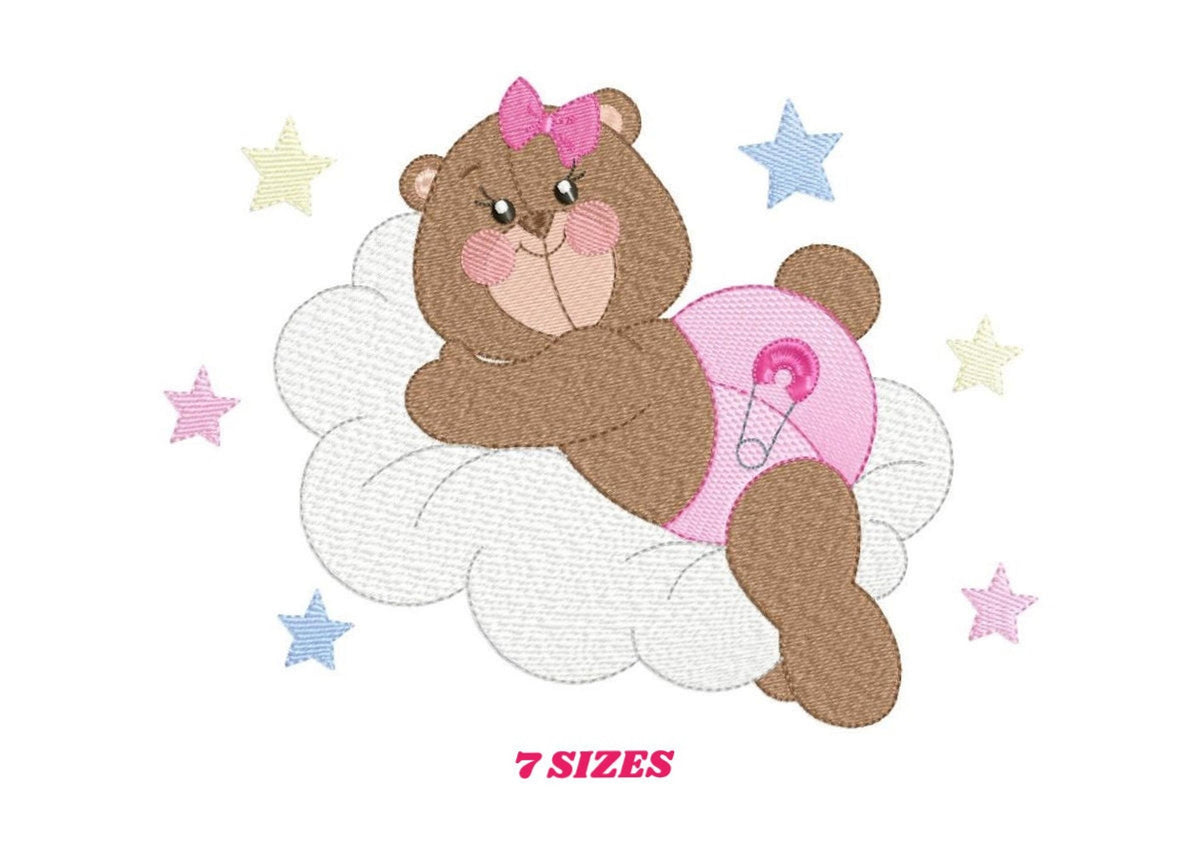 Cute brown baby bear in pink diaper and bow, lying on white cloud with pastel stars, baby bear embroidery design