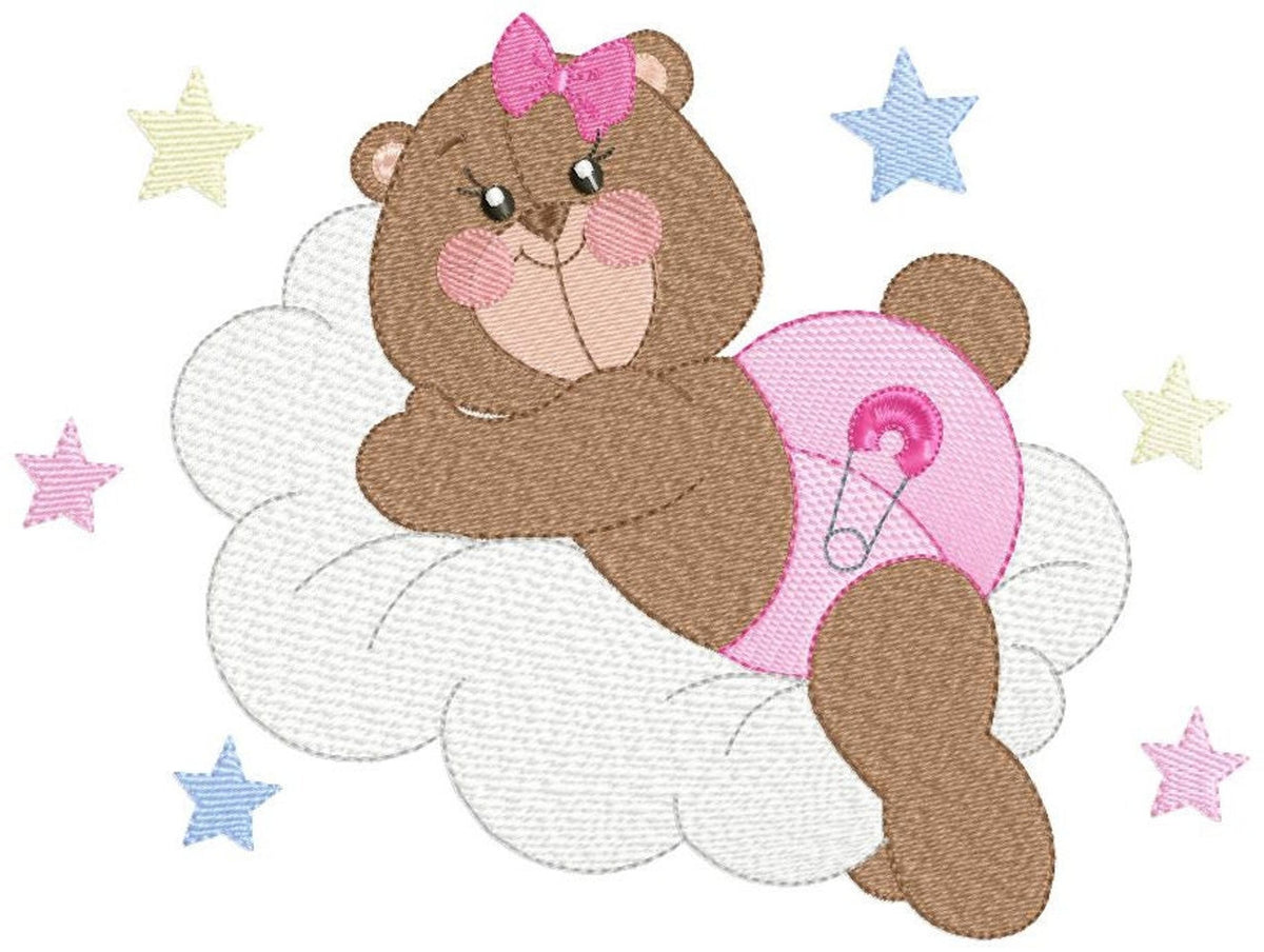 Close view showing textured rippled fill, brown sleeping bear in pink diaper and bow, sleeping bear embroidery design