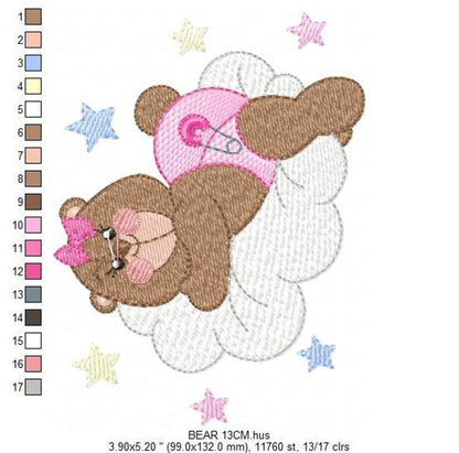 Angled view highlighting cloud stitching and quilt-like texture, bear on cloud embroidery pattern in soft pastels