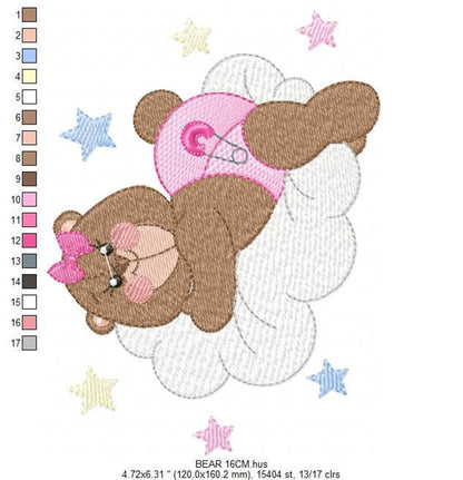 Side angle showing back paw and scattered stars, cute baby embroidery design with warm, quilt-like stitch texture