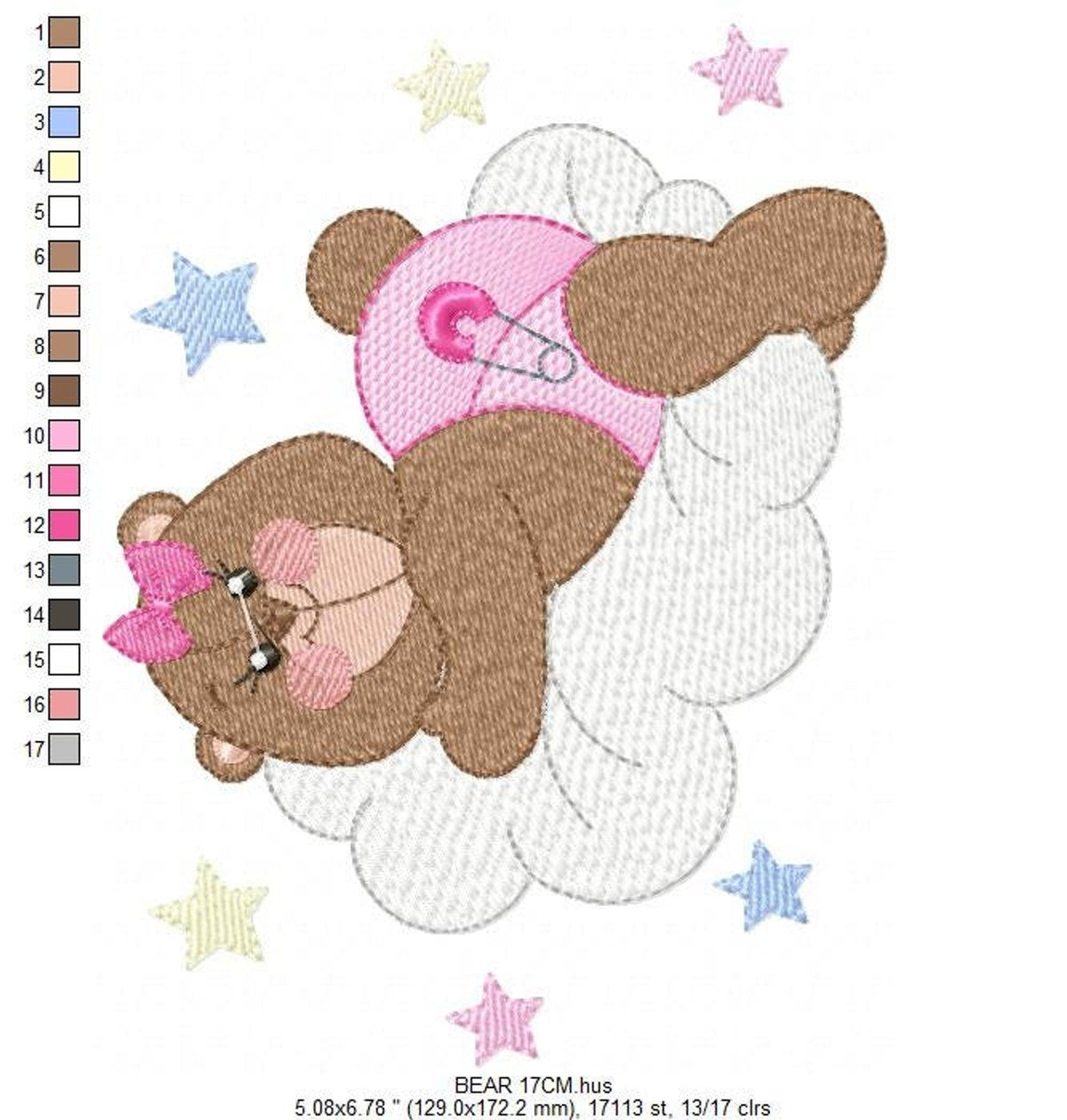 Detailed layout with color blocks, baby girl embroidery design featuring a sleeping bear in pink diaper and bow