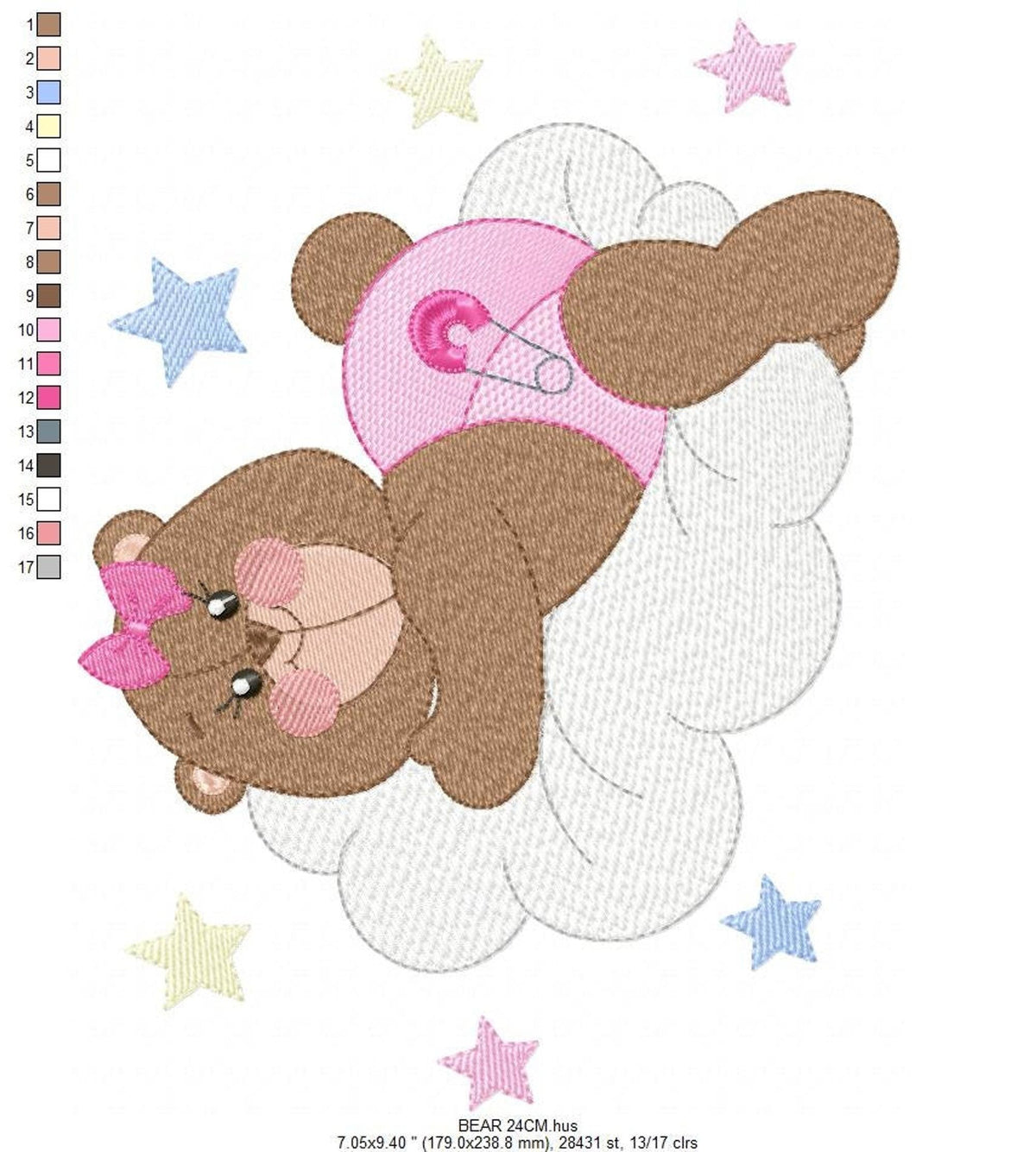 Top-right crop focusing on cloud contours and lilac and blue stars, cloud and stars embroidery with textured fill