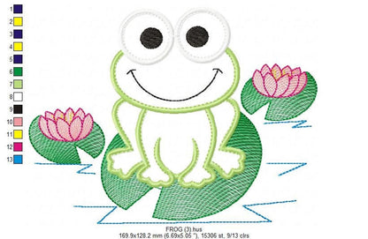 Frog centered with bright stitched detail, green satin fill and pink lilies, machine embroidery frog applique preview