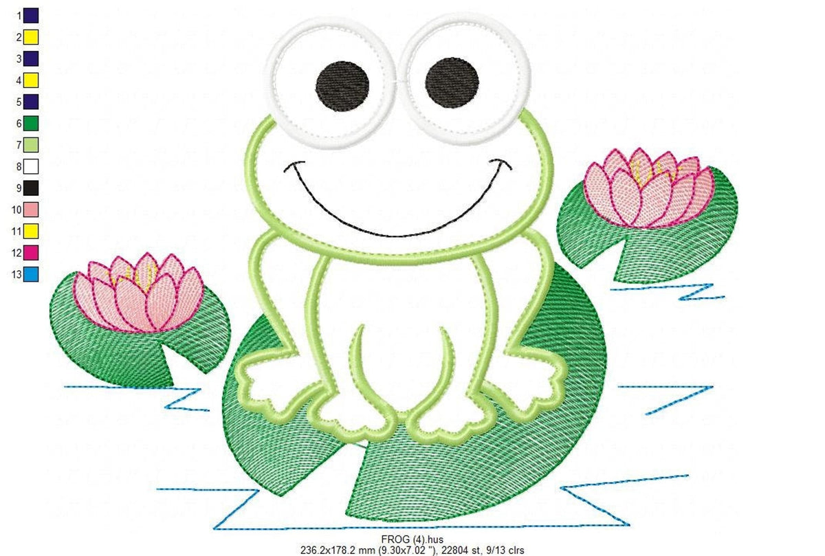 Squared layout showing frog face, white eye fills and big black pupils, baby embroidery applique frog design view