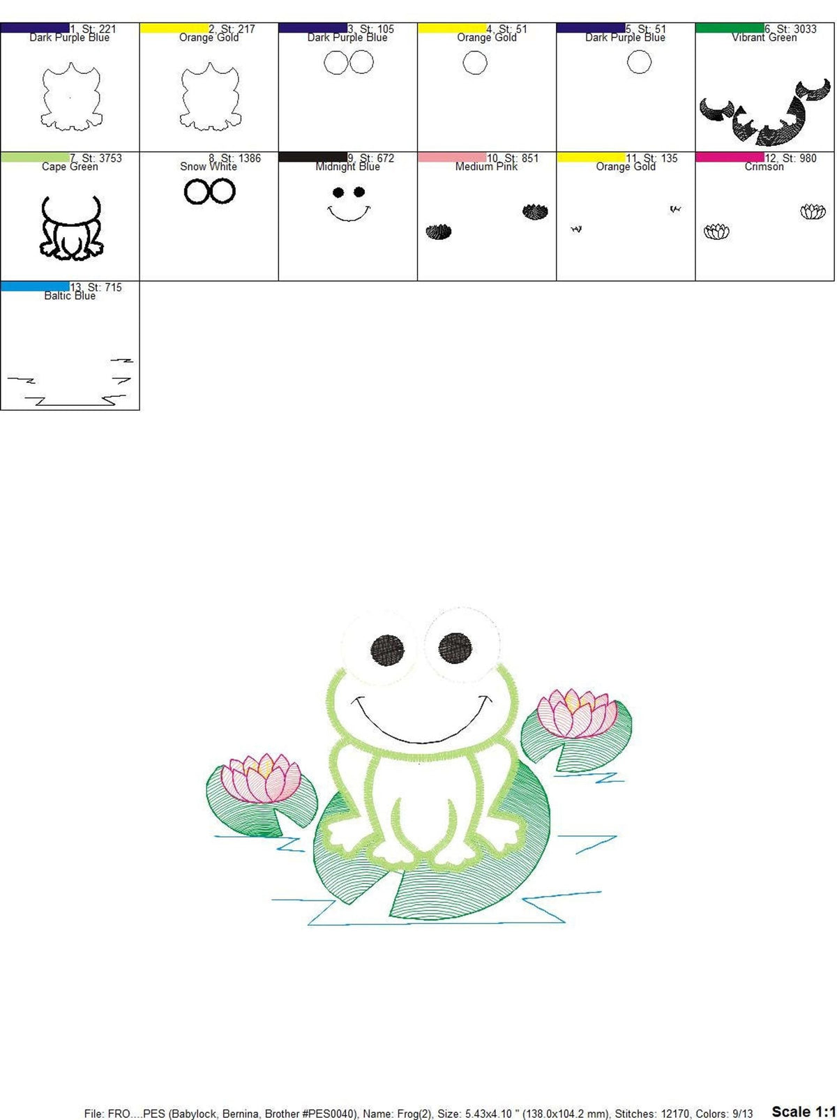 Two small pages showing stitch maps, placement guides and color blocks for the frog applique pattern