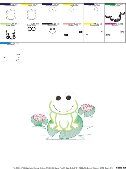 Two small pages showing stitch maps, placement guides and color blocks for the frog applique pattern