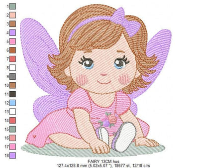 Large preview baby fairy embroidery design, pink dress and purple wings, color stop chart visible