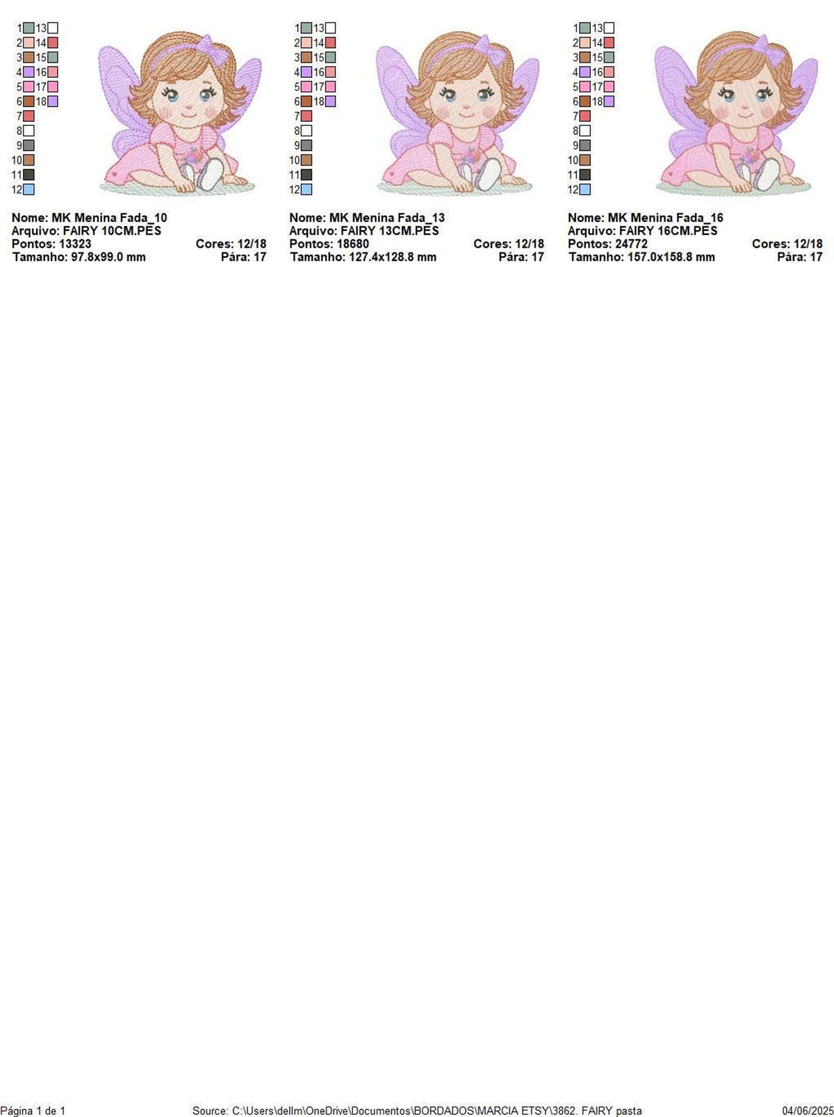 Three size samples, baby fairy embroidery design previews with suggested uses like bibs, burp cloths, and blankets