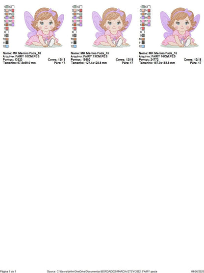 Three size samples, baby fairy embroidery design previews with suggested uses like bibs, burp cloths, and blankets