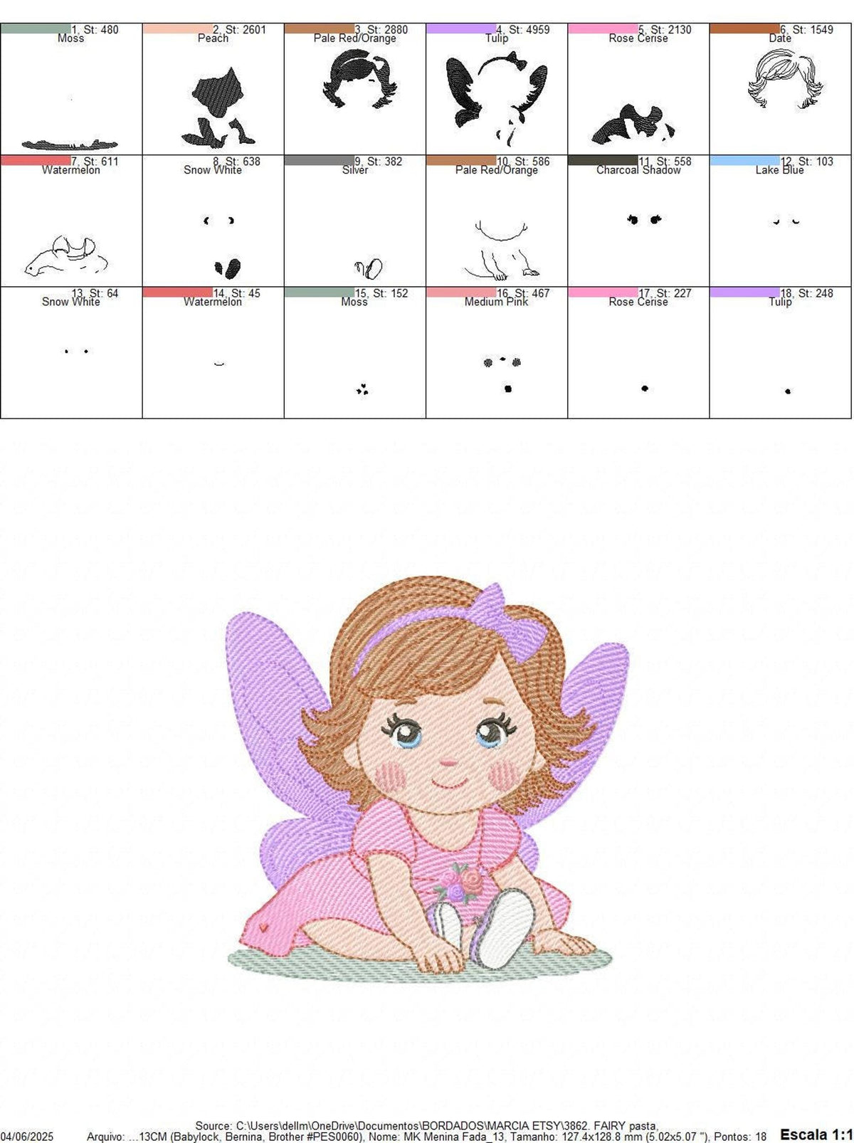 Stitch sequence diagrams showing numbered steps and stitch order for the baby fairy embroidery design, digital download