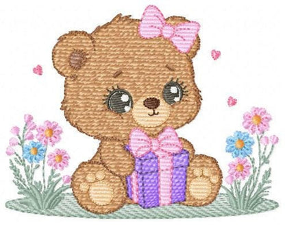 Cropped close-up of textured sketchy baby girl bear holding a purple gift, birthday teddy bear embroidery design with rippled fill