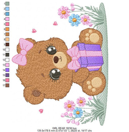 Mirrored vertical view highlighting dense sketchy stitching and floral border, cute teddy bear machine embroidery pattern, birthday teddy bear embroidery design