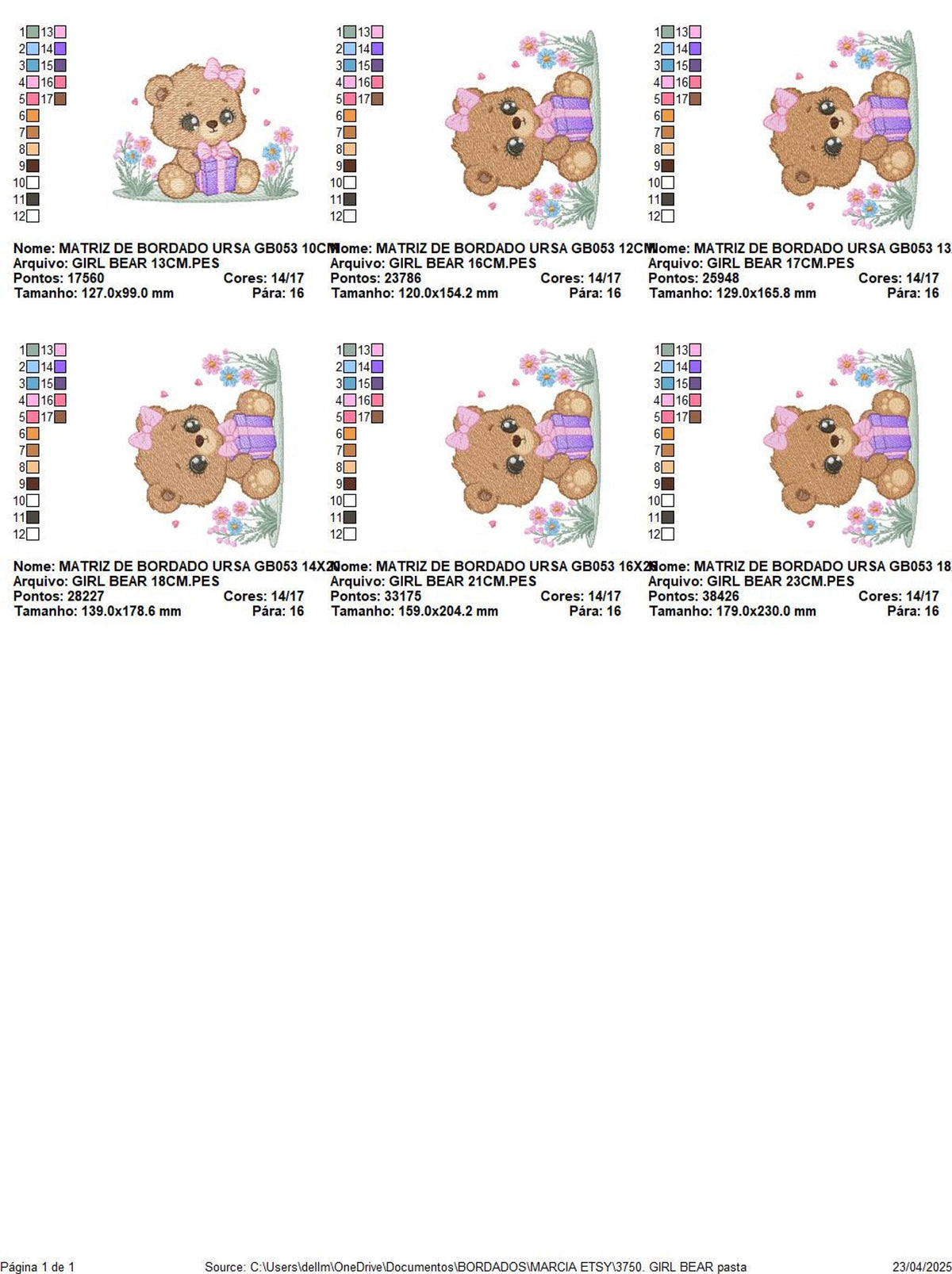 Grid of six hoop size previews with thumbnails and size labels, digital download bear embroidery file, birthday teddy bear embroidery design
