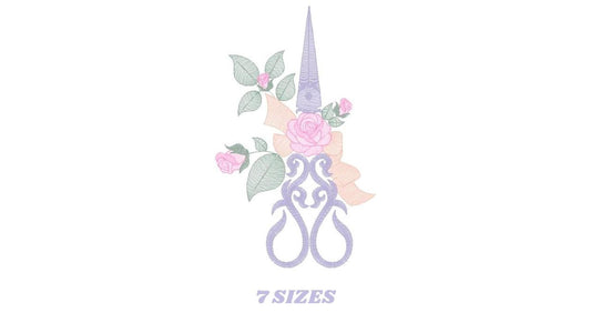 Small scale preview of vertical scissors with roses machine embroidery design, pastel lavender, pink, peach, sage