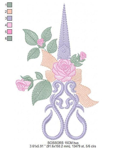 Large sample showing dense satin stitches on lavender scissors and pink roses, vintage sewing embroidery design